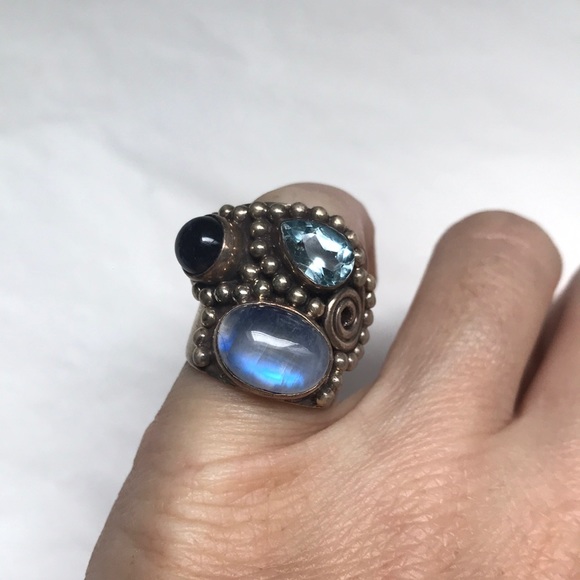 Moonstone, aquamarine, & amethyst silver ring - Picture 7 of 8